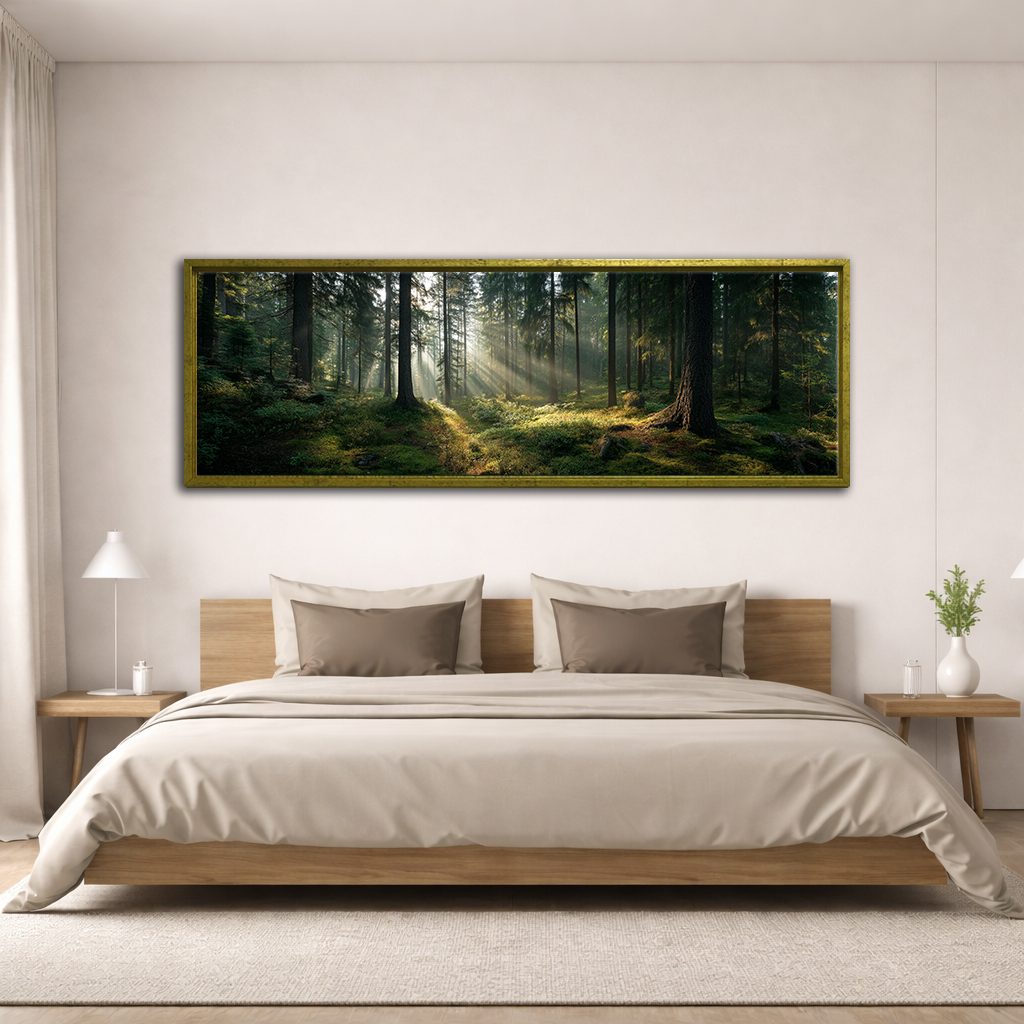 Sunlit Pine Forest Floor canvas wall art, antique gold floating frame