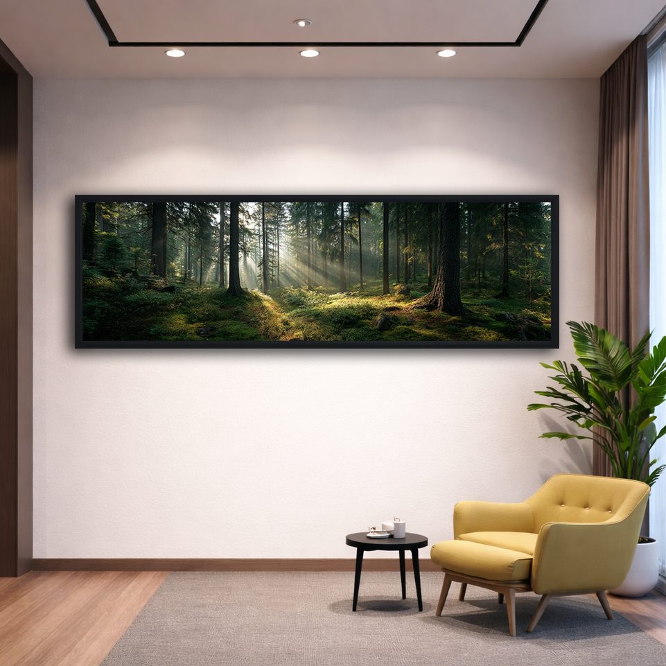 Sunlit Pine Forest Floor canvas wall art, black floating frame