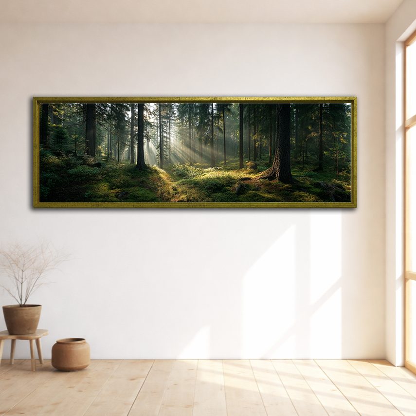 Sunlit Pine Forest Floor canvas wall art, gold floating frame
