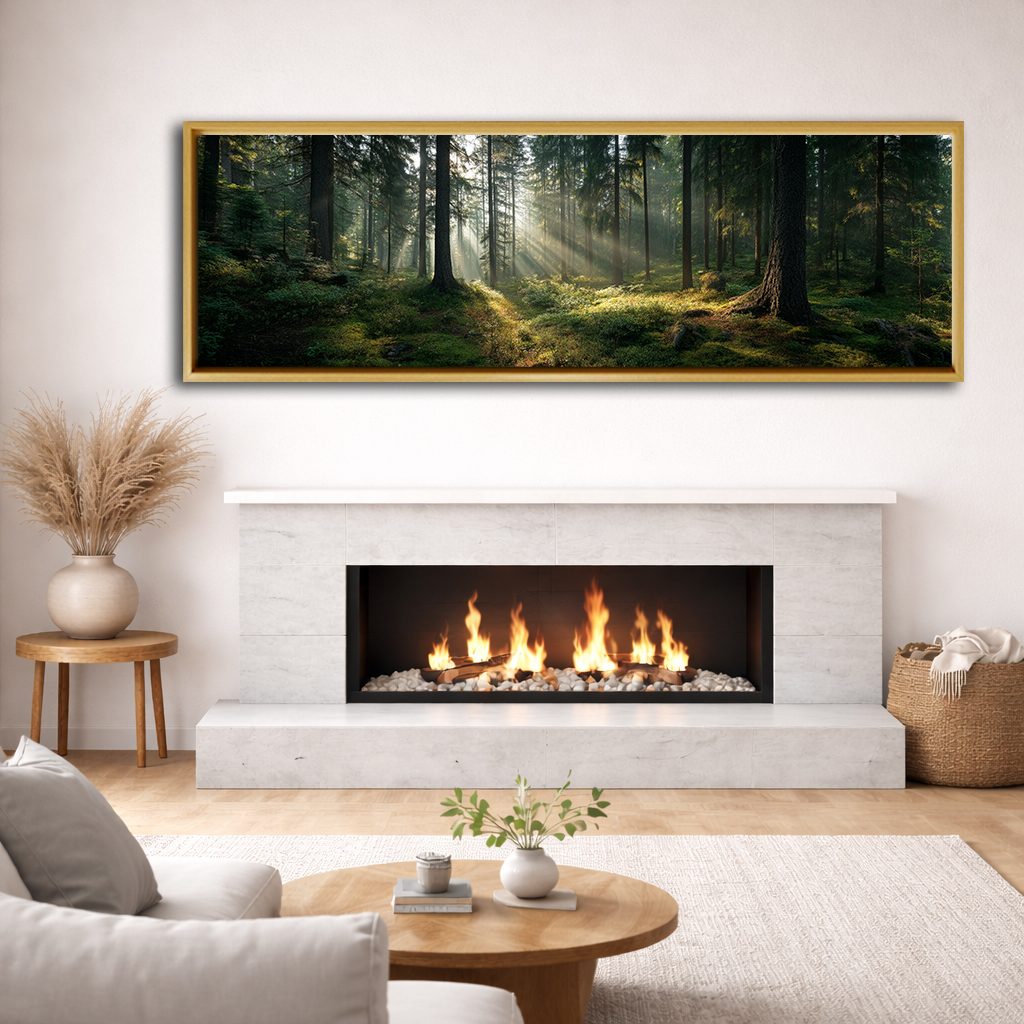 Sunlit Pine Forest Floor canvas wall art, natural wood floating frame