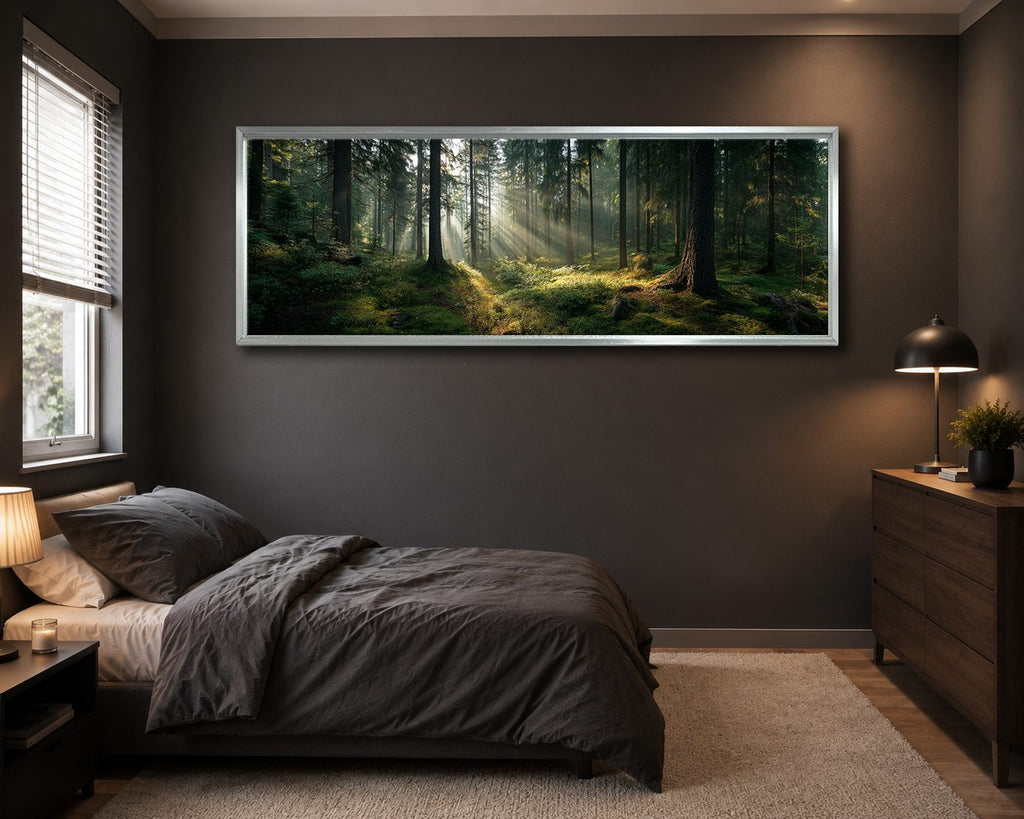 Sunlit Pine Forest Floor canvas wall art, silver floating frame