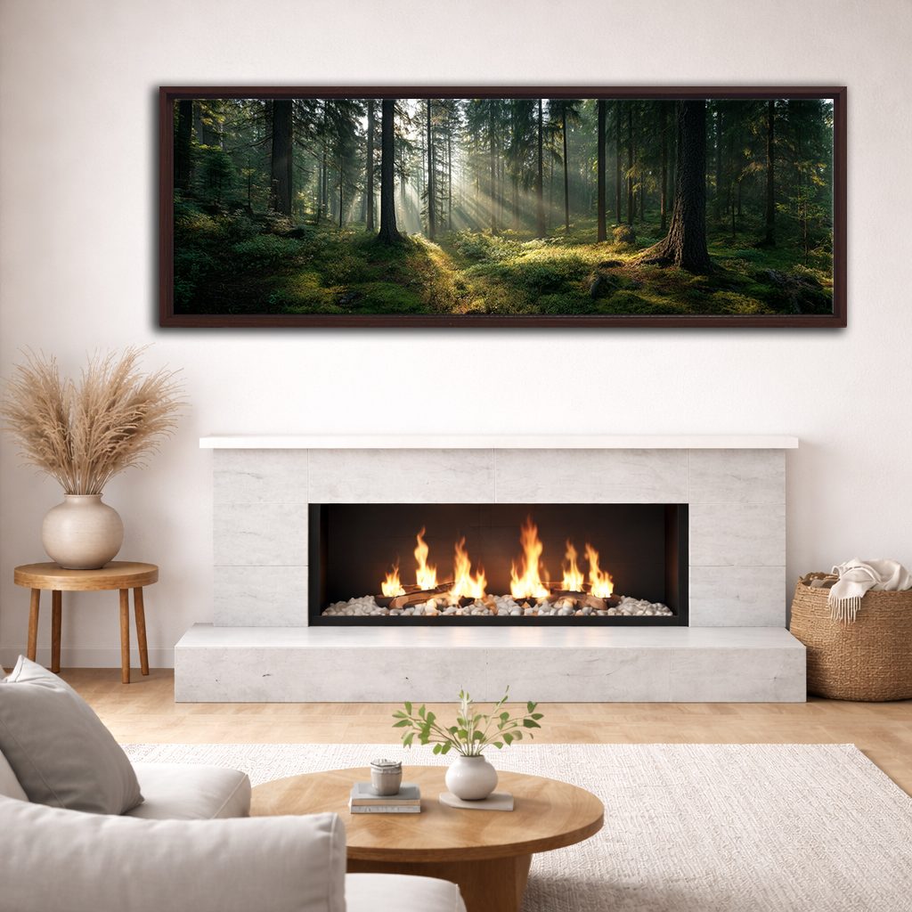 Sunlit Pine Forest Floor canvas wall art, walnut floating frame