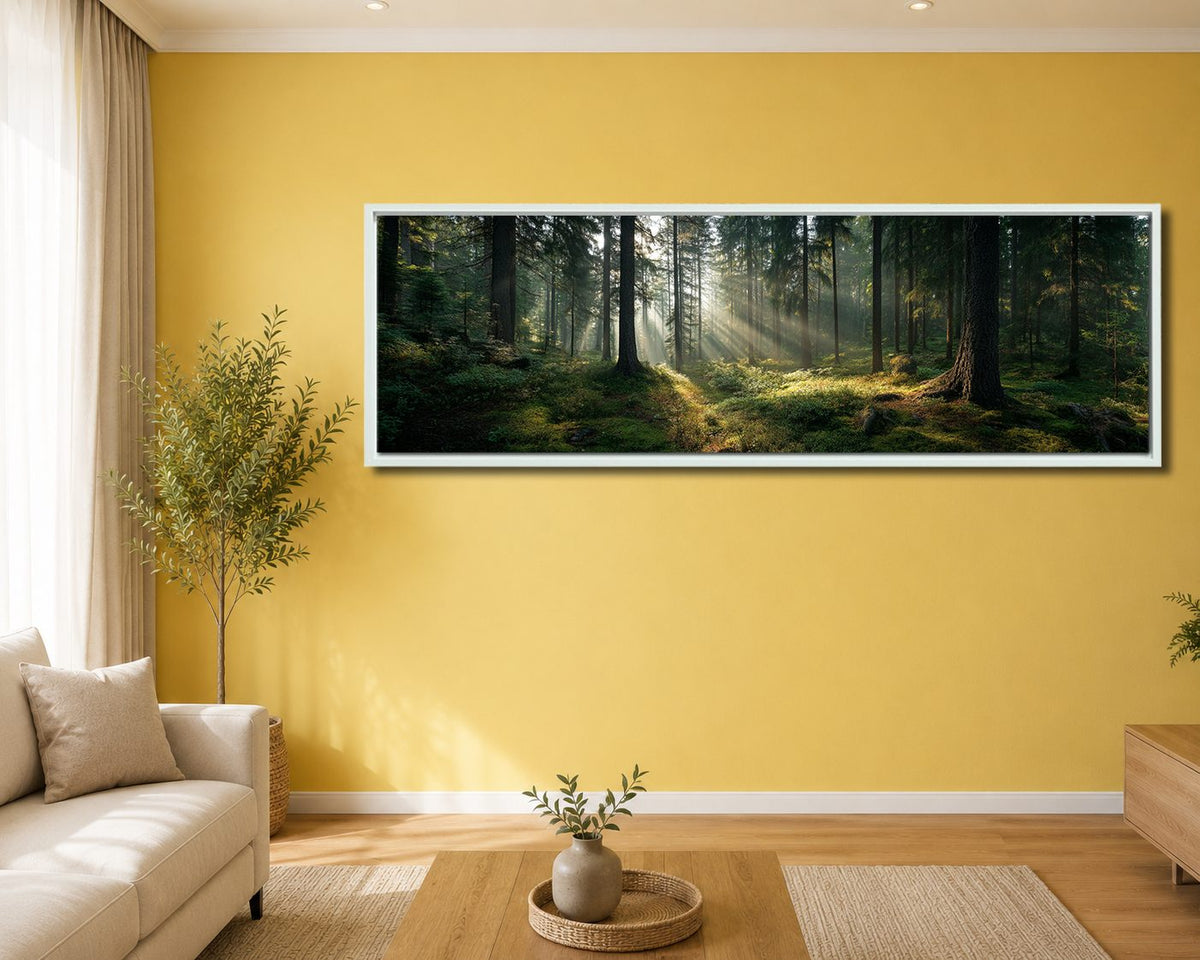 Sunlit Pine Forest Floor canvas wall art, white floating frame