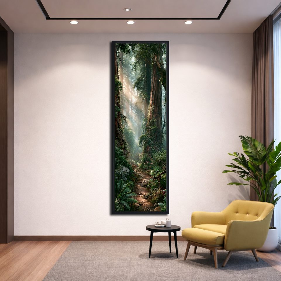Sunlit Redwood Forest Trail canvas wall art, black floating frame