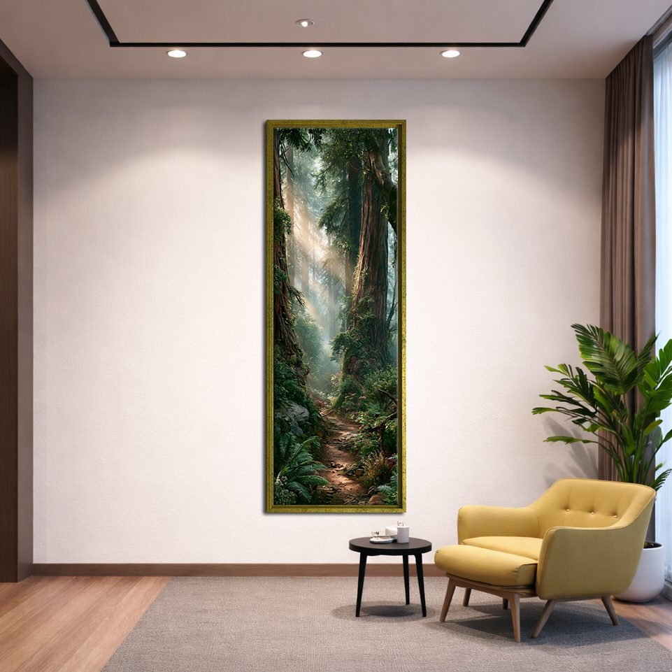 Sunlit Redwood Forest Trail canvas wall art, gold floating frame