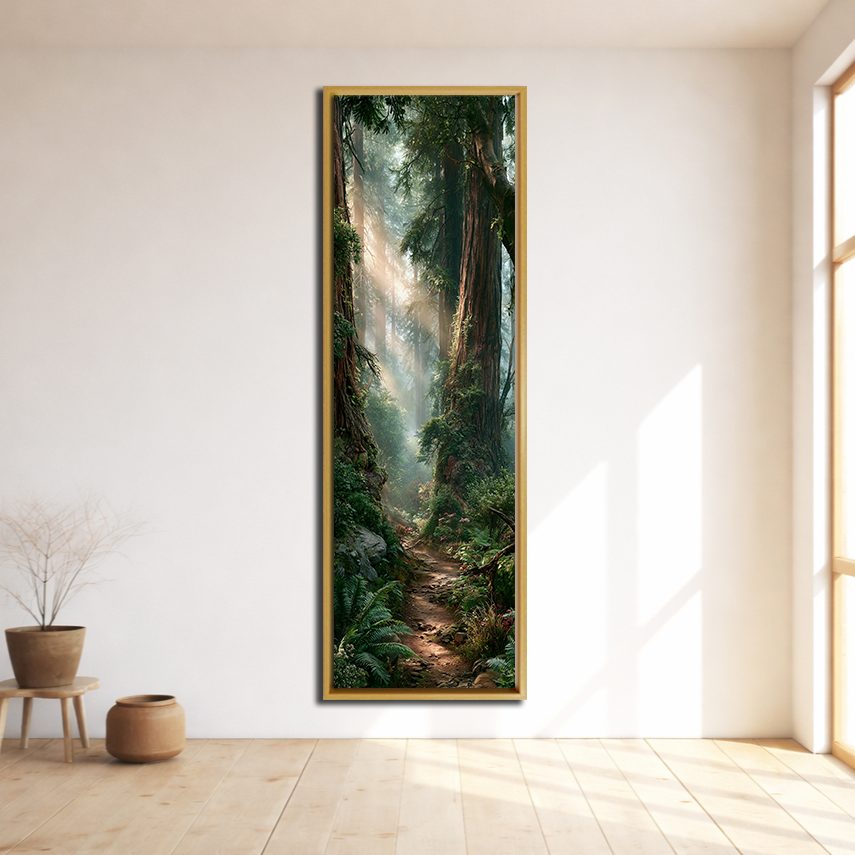 Sunlit Redwood Forest Trail canvas wall art, natural wood floating frame