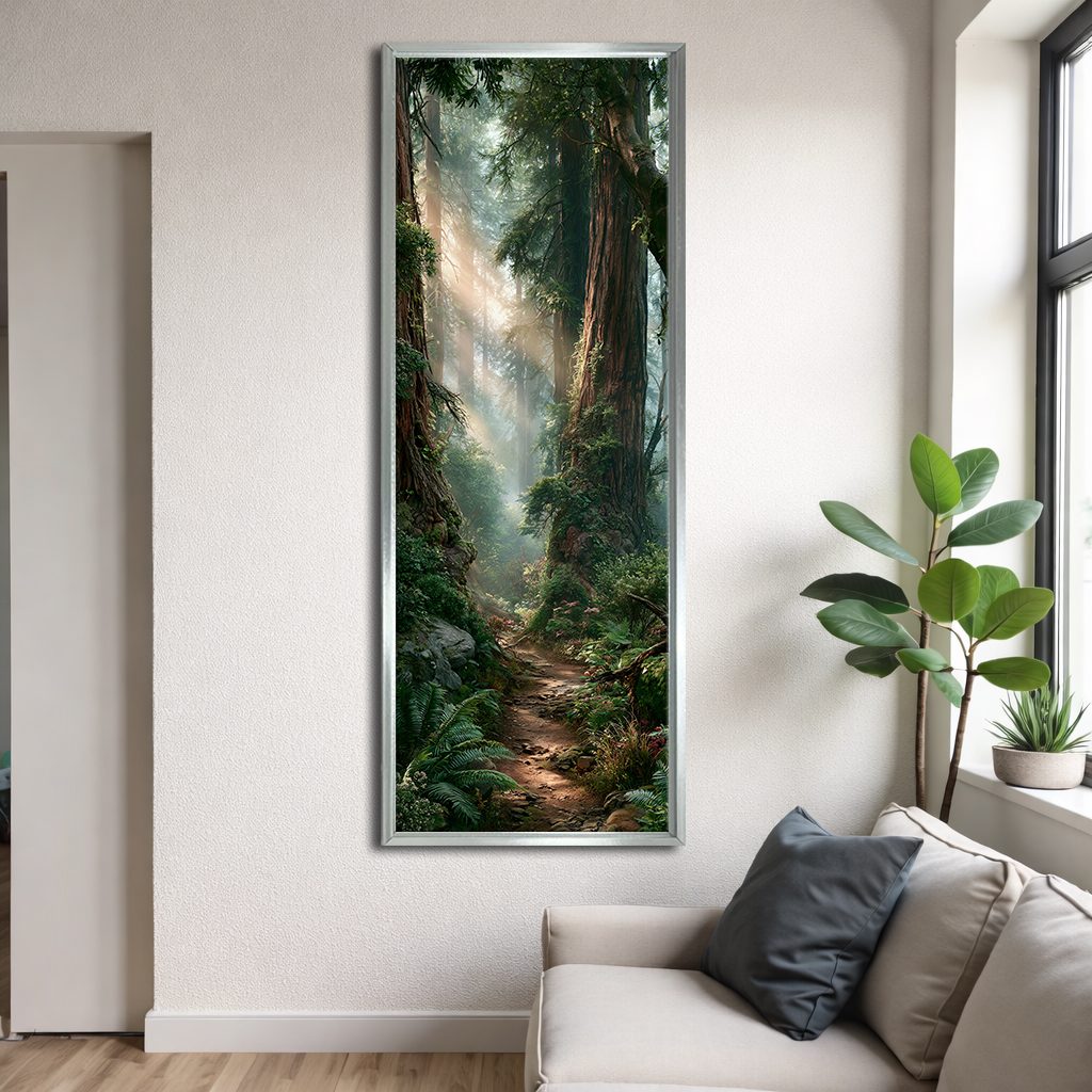 Sunlit Redwood Forest Trail canvas wall art, silver floating frame