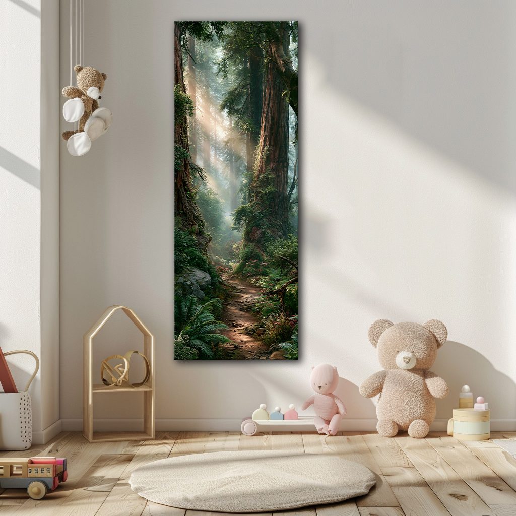 Sunlit Redwood Forest Trail canvas wall art, unframed canvas