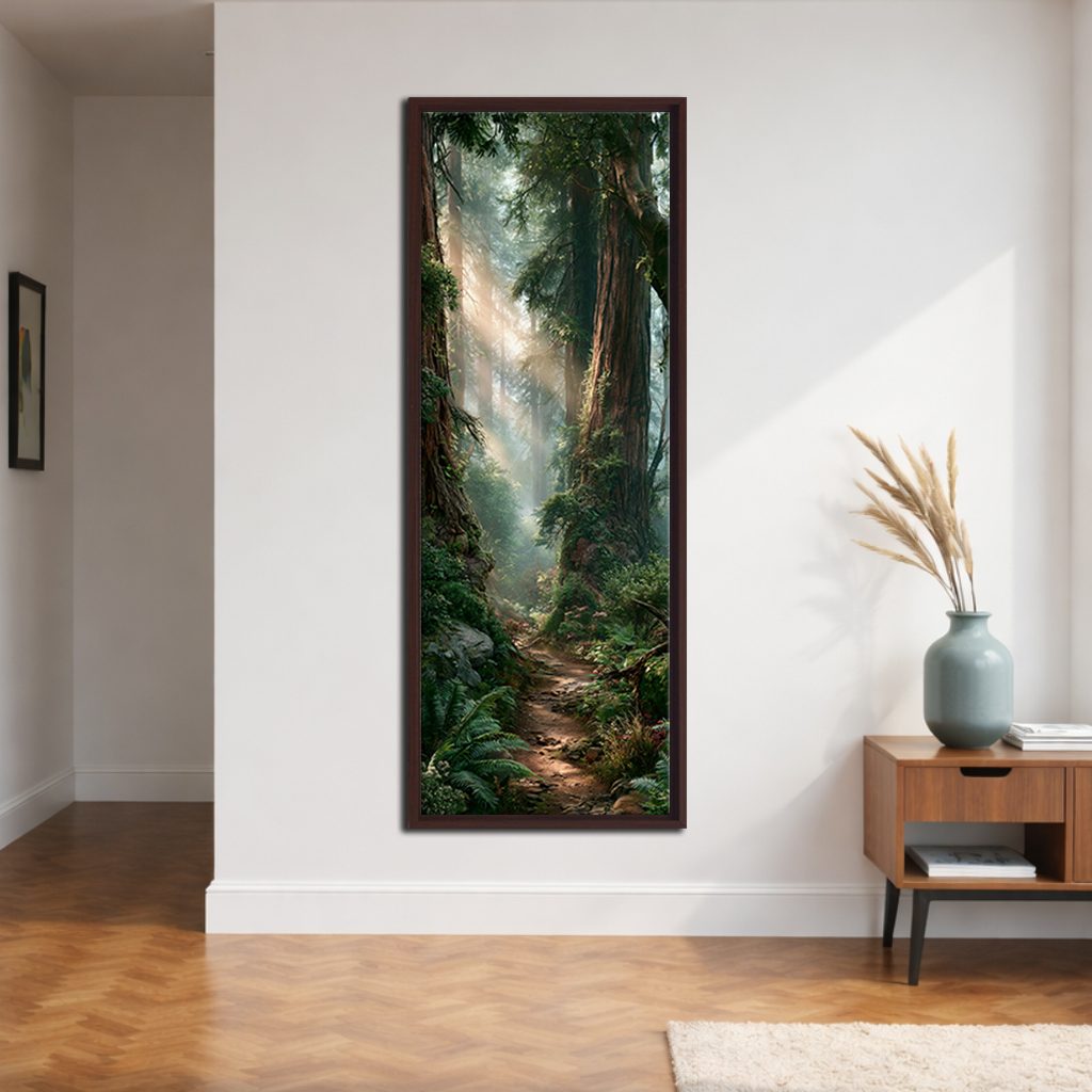 Sunlit Redwood Forest Trail canvas wall art, walnut floating frame
