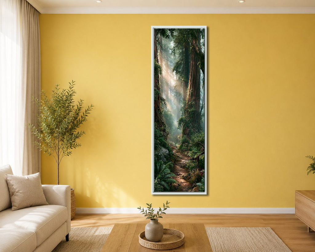 Sunlit Redwood Forest Trail canvas wall art, white floating frame