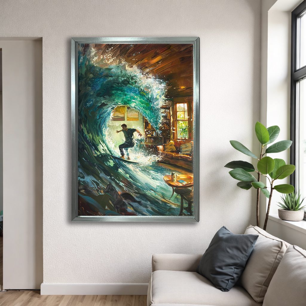 Surfer Wave in Living Room Surreal canvas wall art, silver floating frame