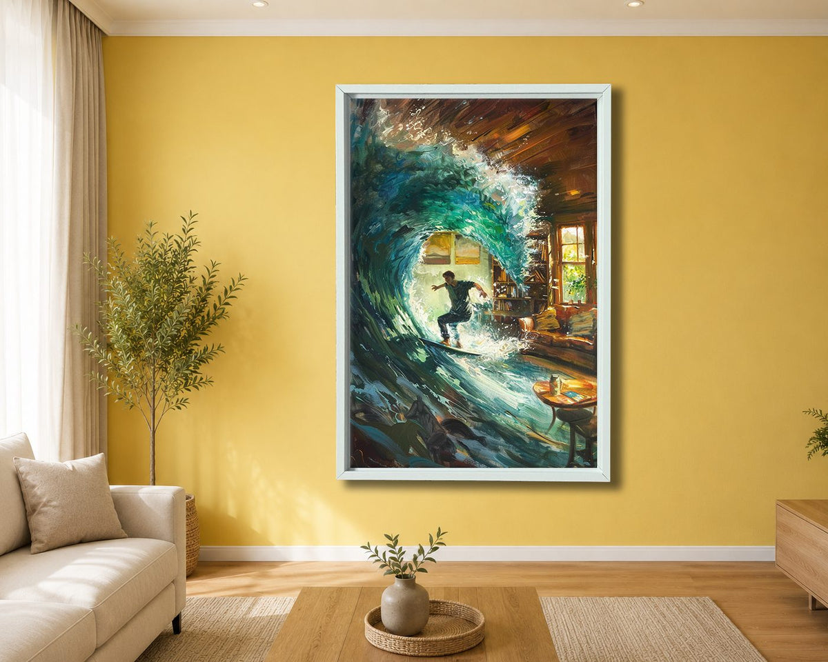 Surfer Wave in Living Room Surreal canvas wall art, white floating frame