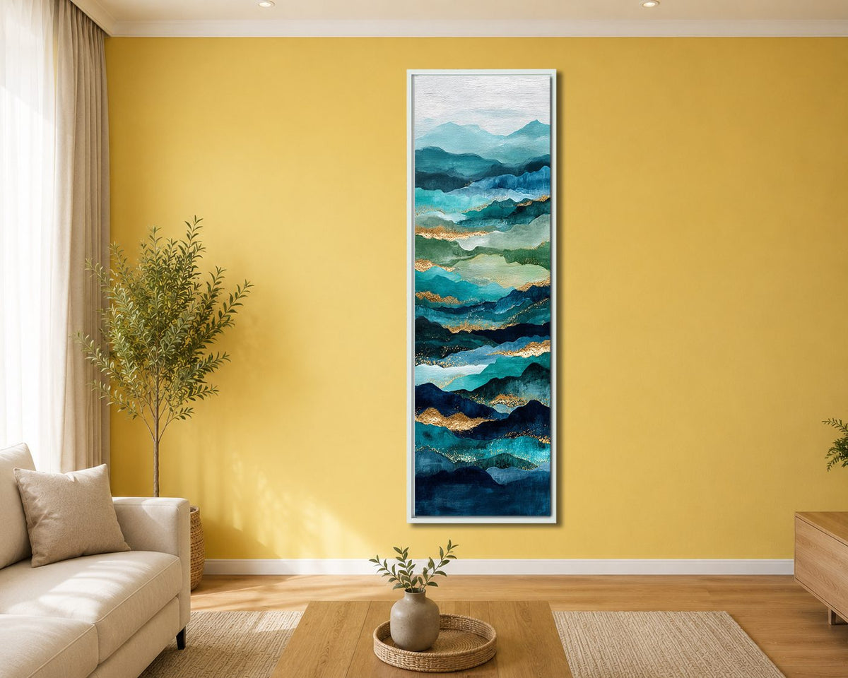 Teal and Gold Abstract Waves canvas wall art, white floating frame