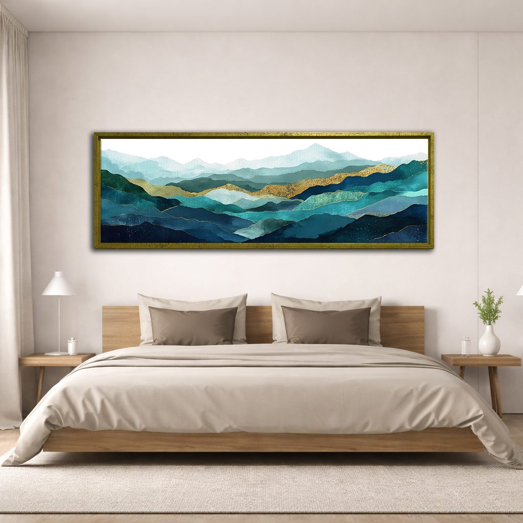Teal and Gold Mountain Range canvas wall art, antique gold floating frame