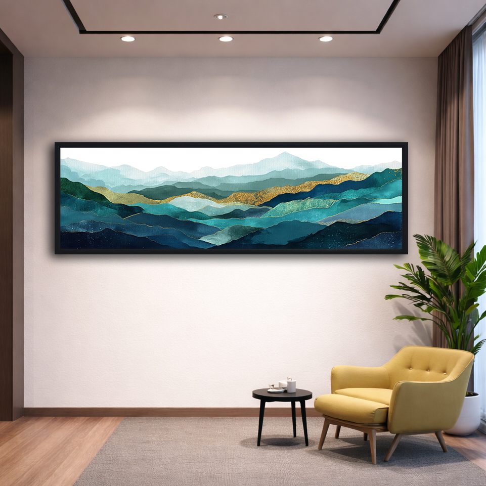 Teal and Gold Mountain Range canvas wall art, black floating frame