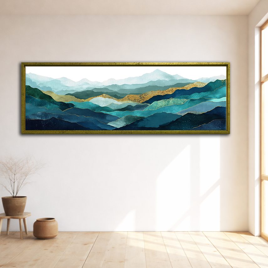 Teal and Gold Mountain Range canvas wall art, gold floating frame