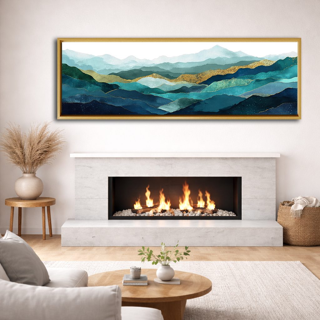 Teal and Gold Mountain Range canvas wall art, natural wood floating frame