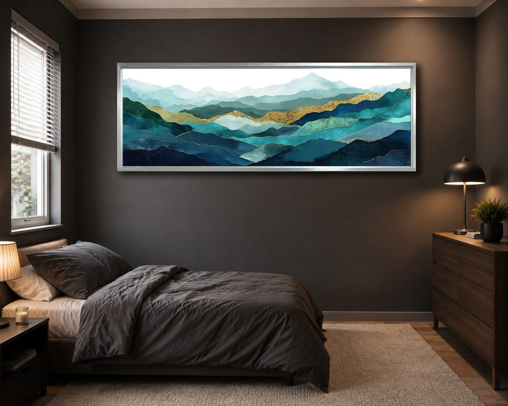 Teal and Gold Mountain Range canvas wall art, silver floating frame