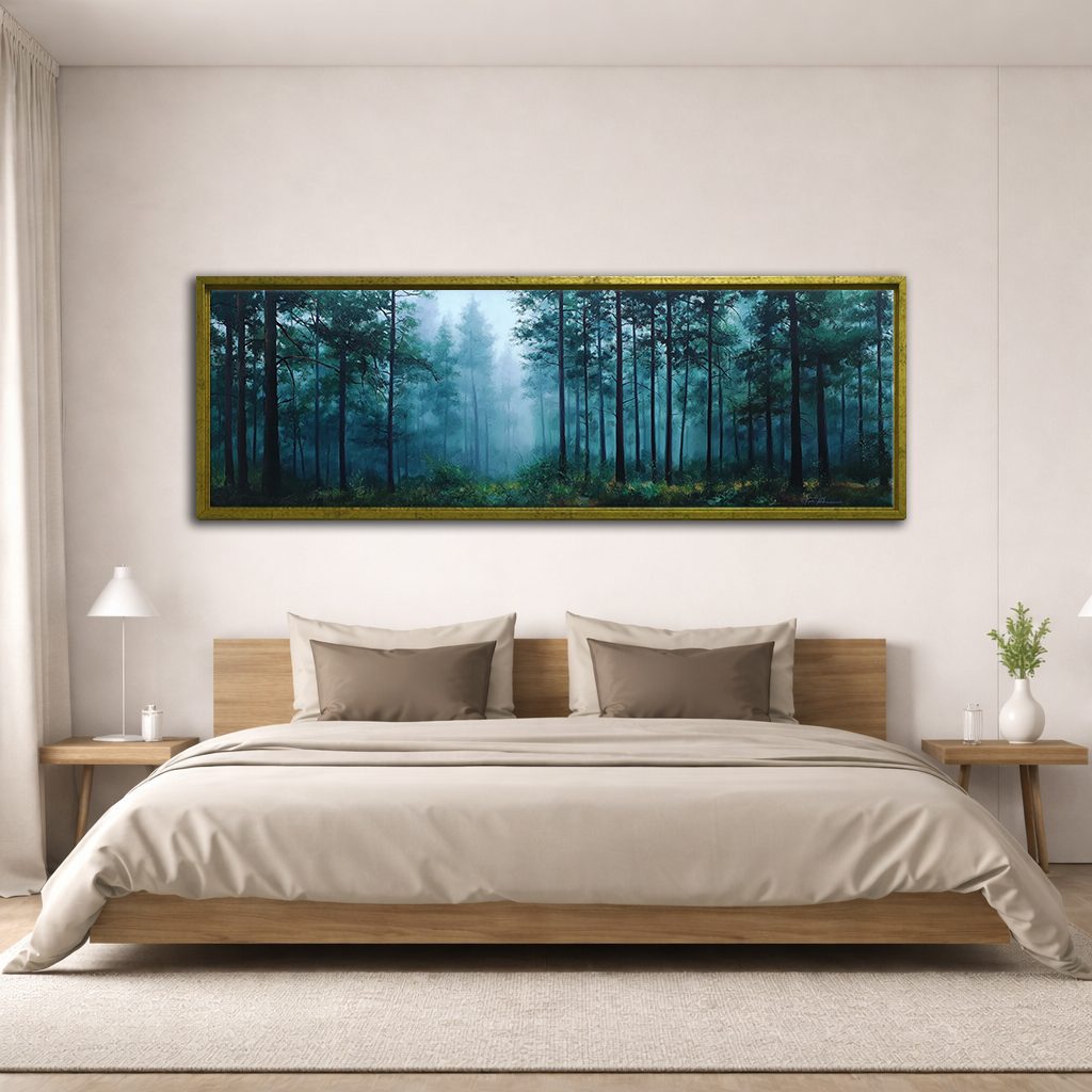 Teal Misty Pine Forest canvas wall art, antique gold floating frame