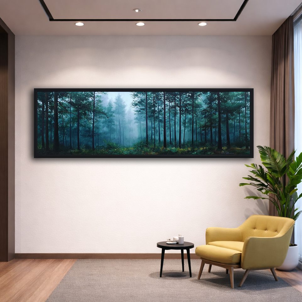 Teal Misty Pine Forest canvas wall art, black floating frame