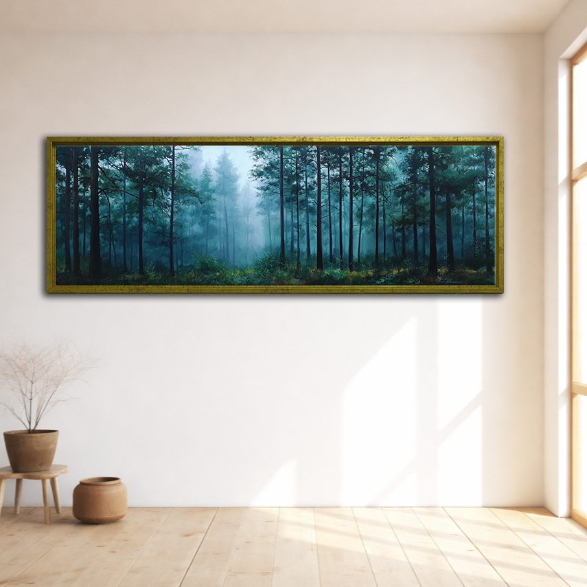 Teal Misty Pine Forest canvas wall art, gold floating frame