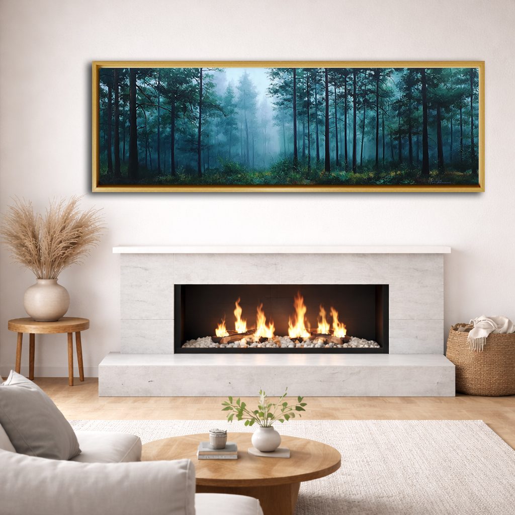 Teal Misty Pine Forest canvas wall art, natural wood floating frame
