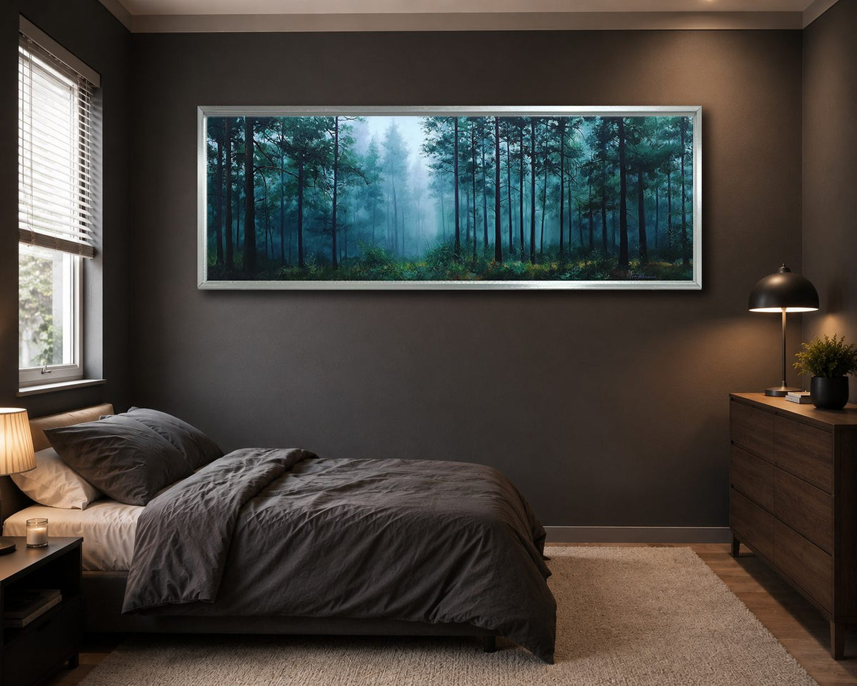 Teal Misty Pine Forest canvas wall art, silver floating frame