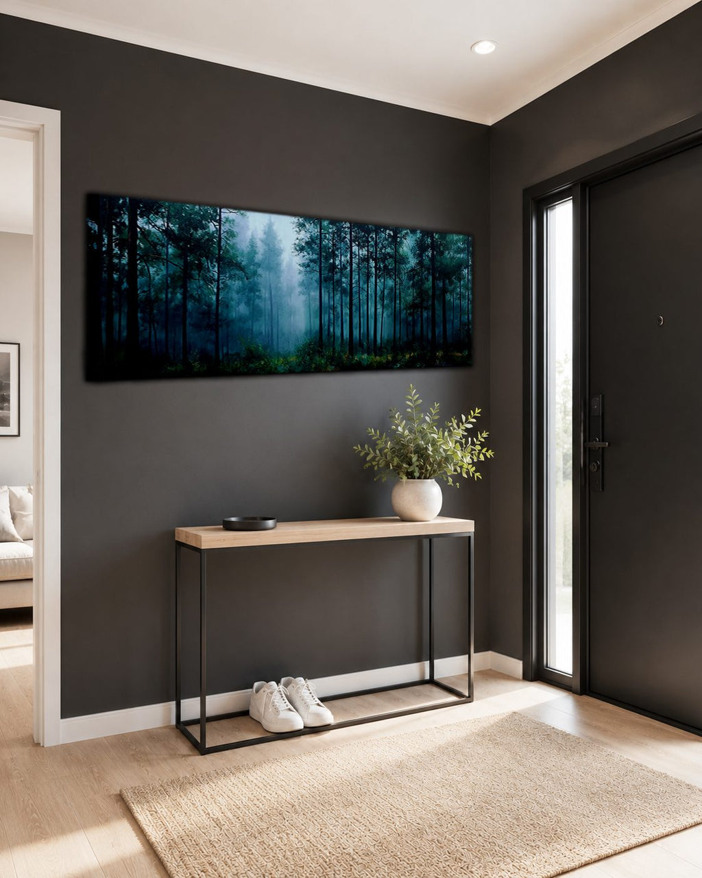 Teal Misty Pine Forest canvas wall art, unframed canvas