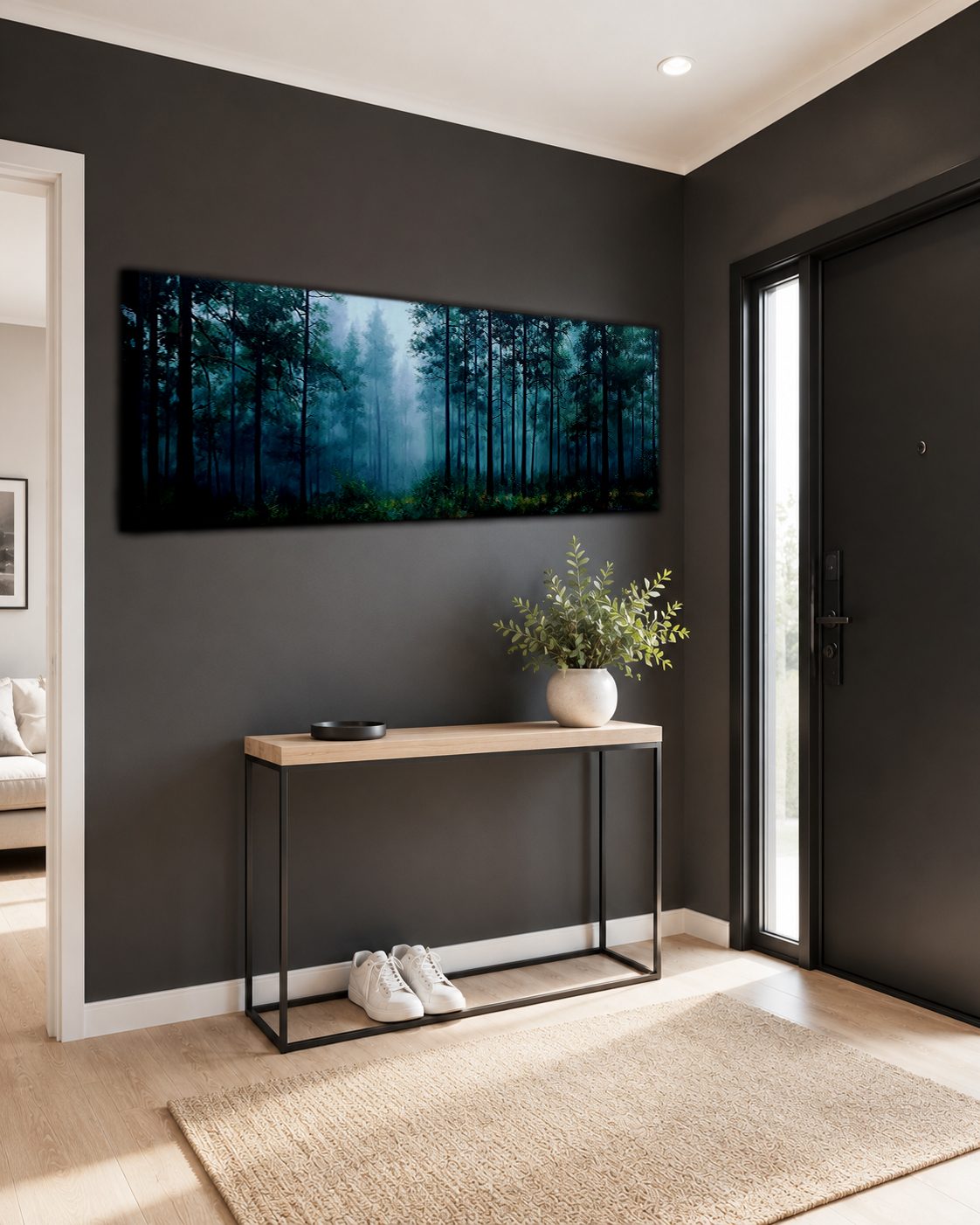 Teal Misty Pine Forest canvas wall art, unframed canvas