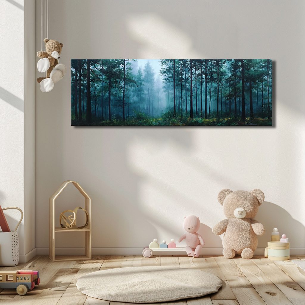 Teal Misty Pine Forest canvas wall art, unframed canvas