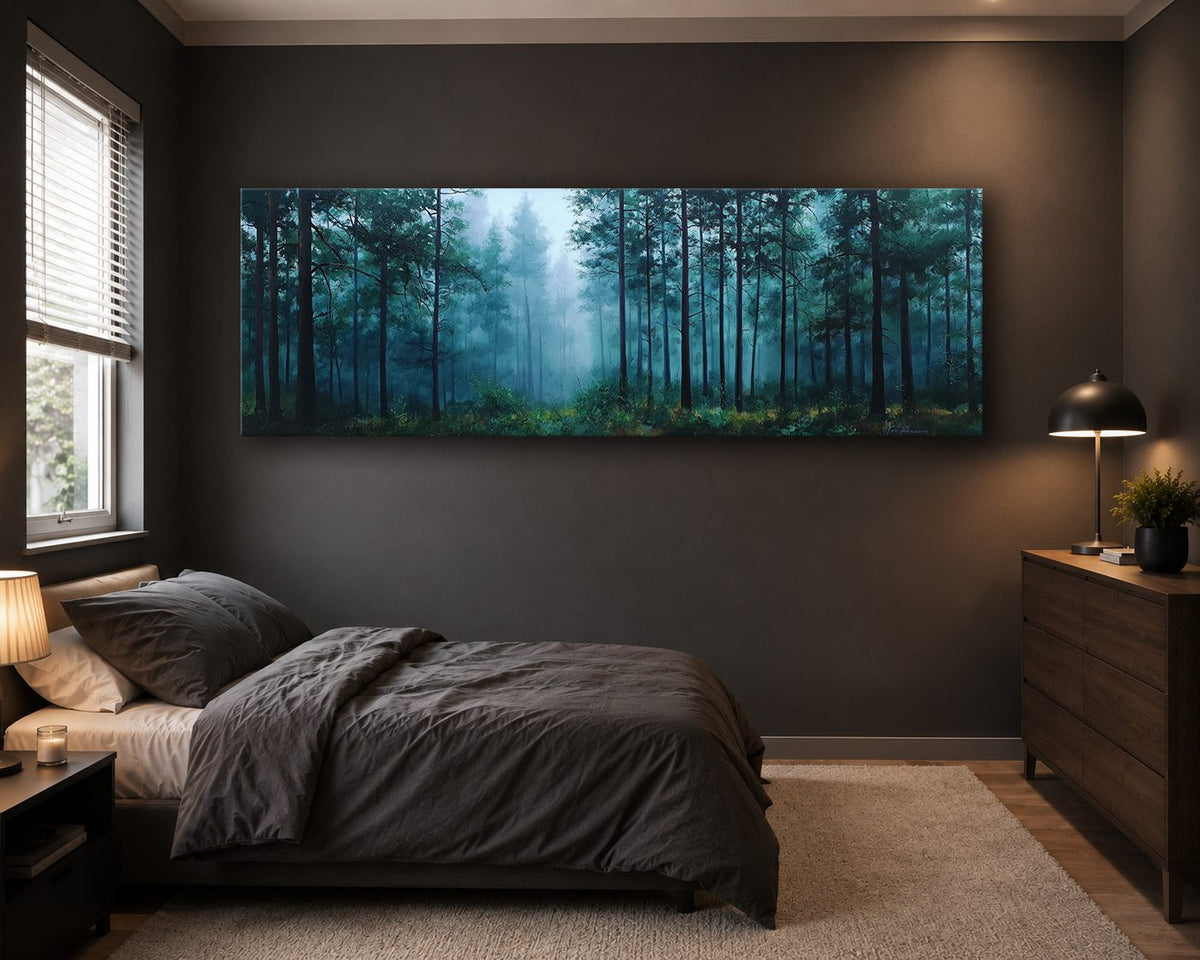 Teal Misty Pine Forest canvas wall art, unframed canvas