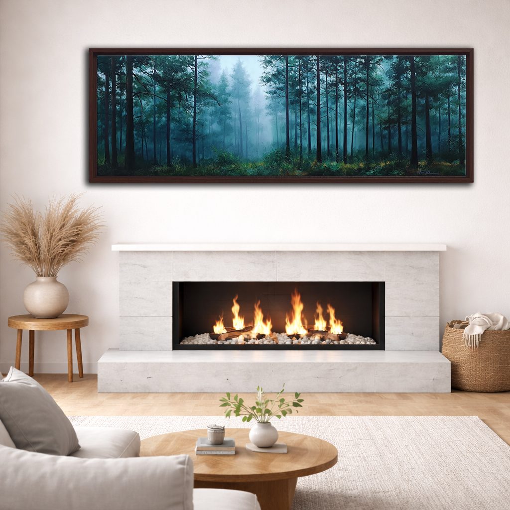 Teal Misty Pine Forest canvas wall art, walnut floating frame