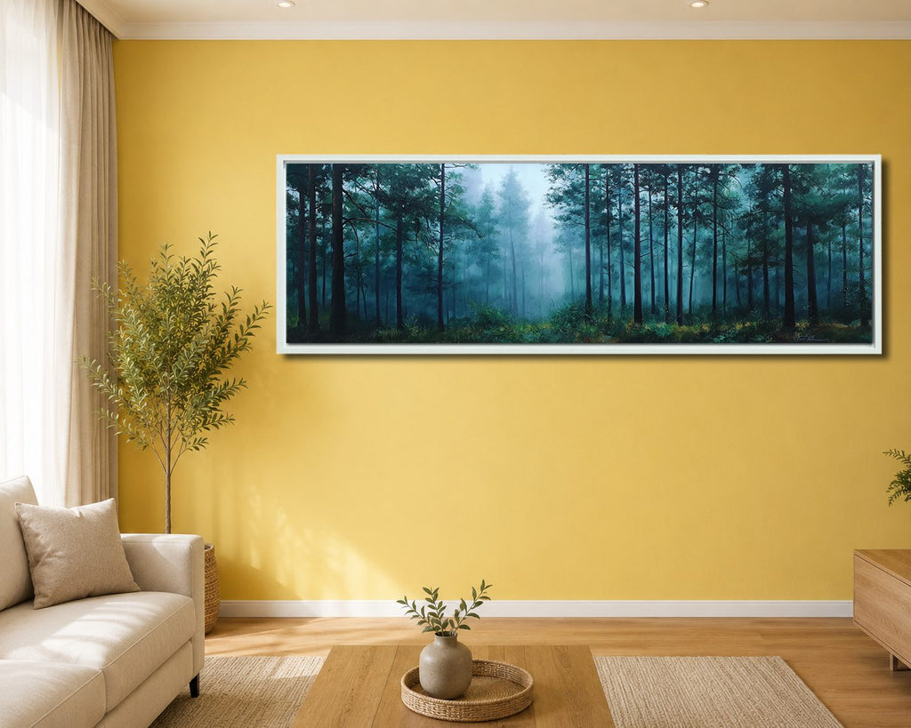 Teal Misty Pine Forest canvas wall art, white floating frame