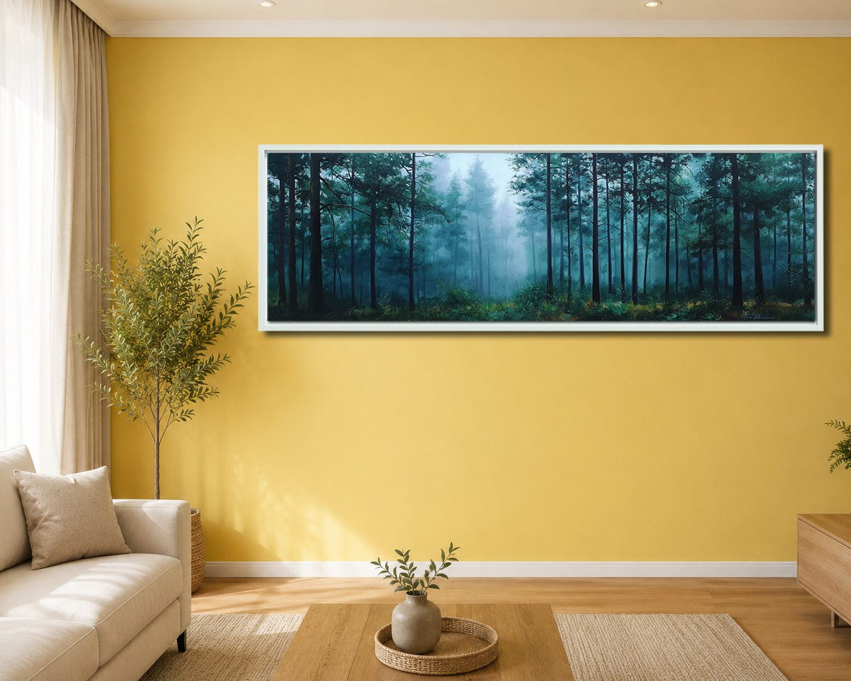 Teal Misty Pine Forest canvas wall art, white floating frame