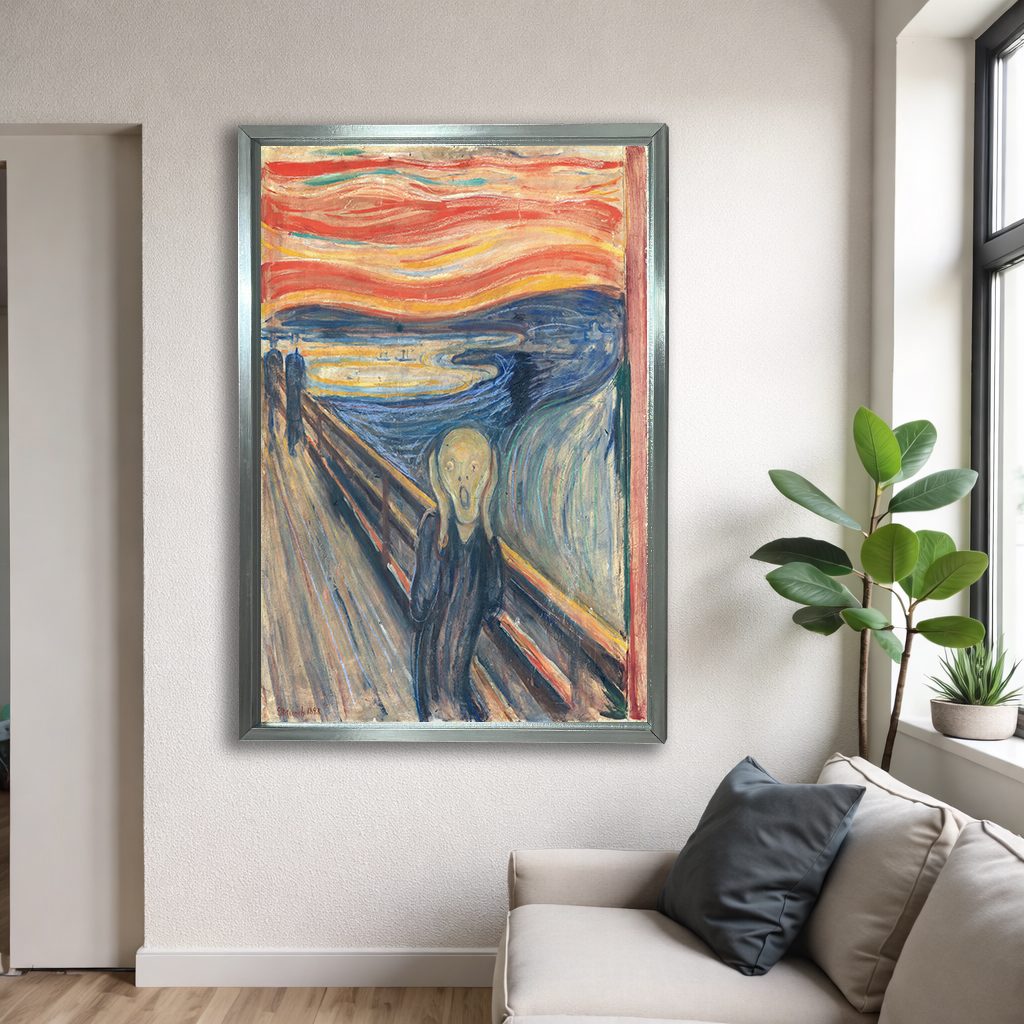 The Scream by Edvard Munch canvas wall art, silver floating frame