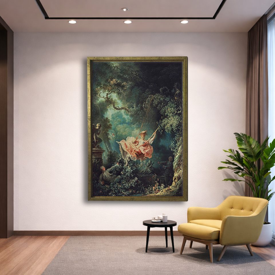 The Swing by Jean-Honoré Fragonard canvas wall art, gold floating frame