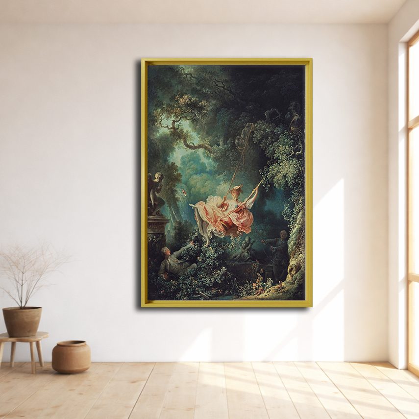 The Swing by Jean-Honoré Fragonard canvas wall art, natural wood floating frame