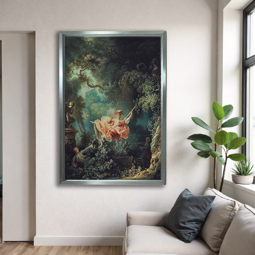 The Swing by Jean-Honoré Fragonard canvas wall art, silver floating frame