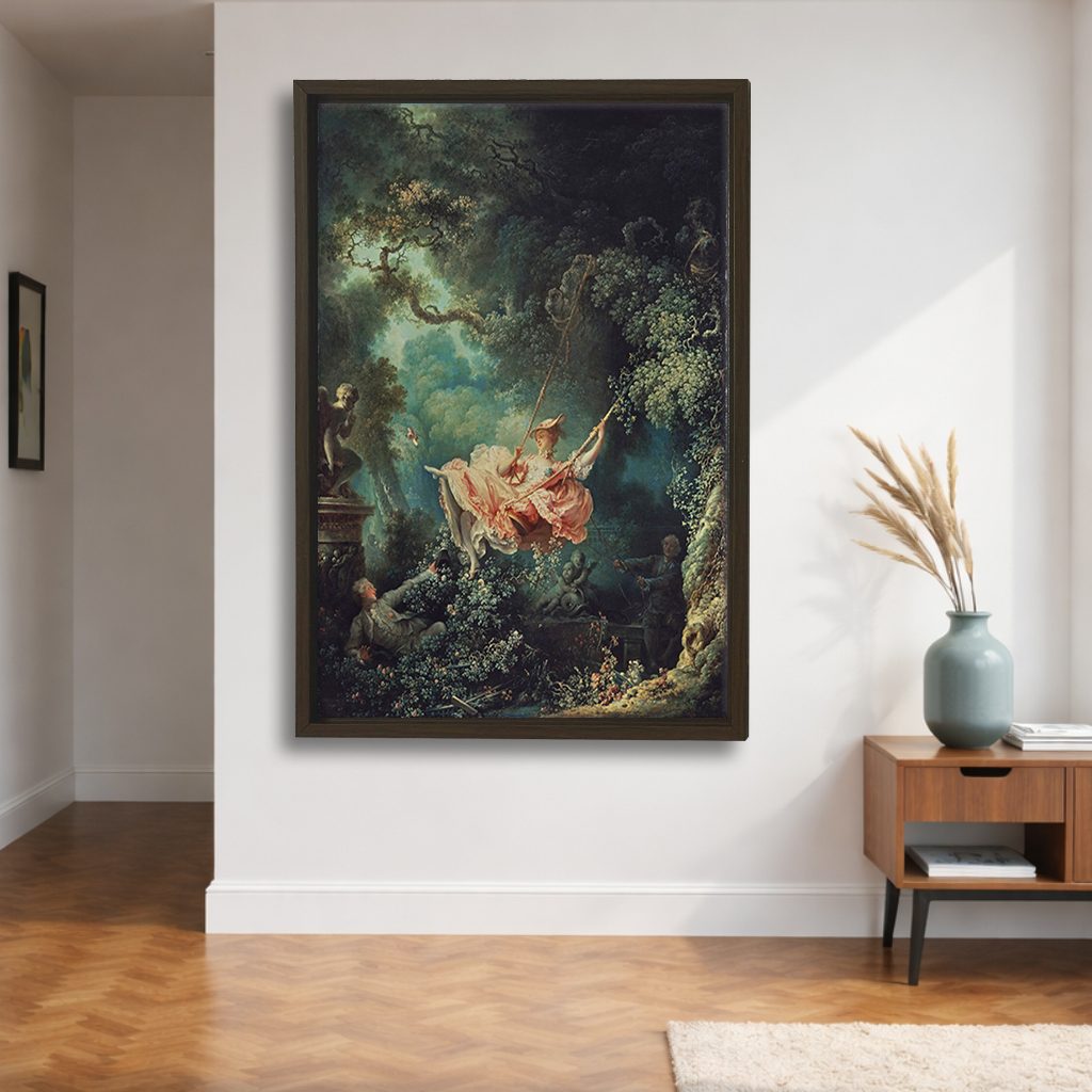 The Swing by Jean-Honoré Fragonard canvas wall art, walnut floating frame
