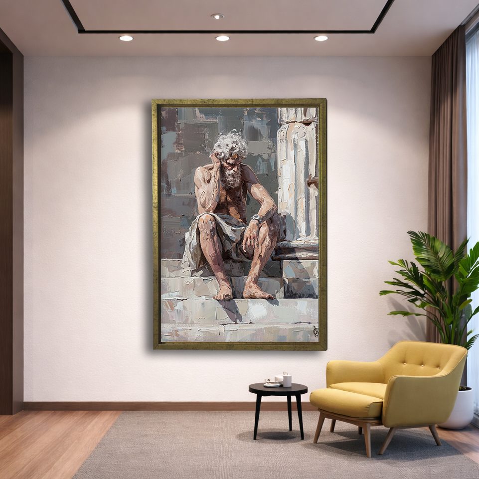 Thinking Old Man on Stairs canvas wall art, gold floating frame