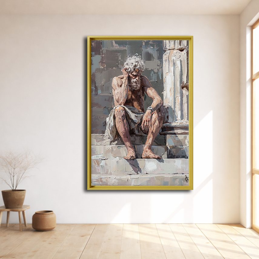 Thinking Old Man on Stairs canvas wall art, natural wood floating frame