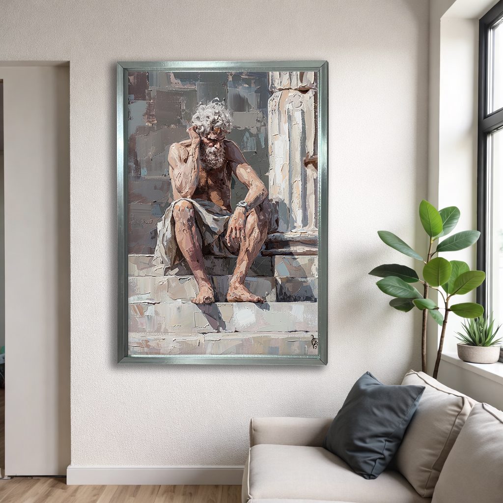 Thinking Old Man on Stairs canvas wall art, silver floating frame