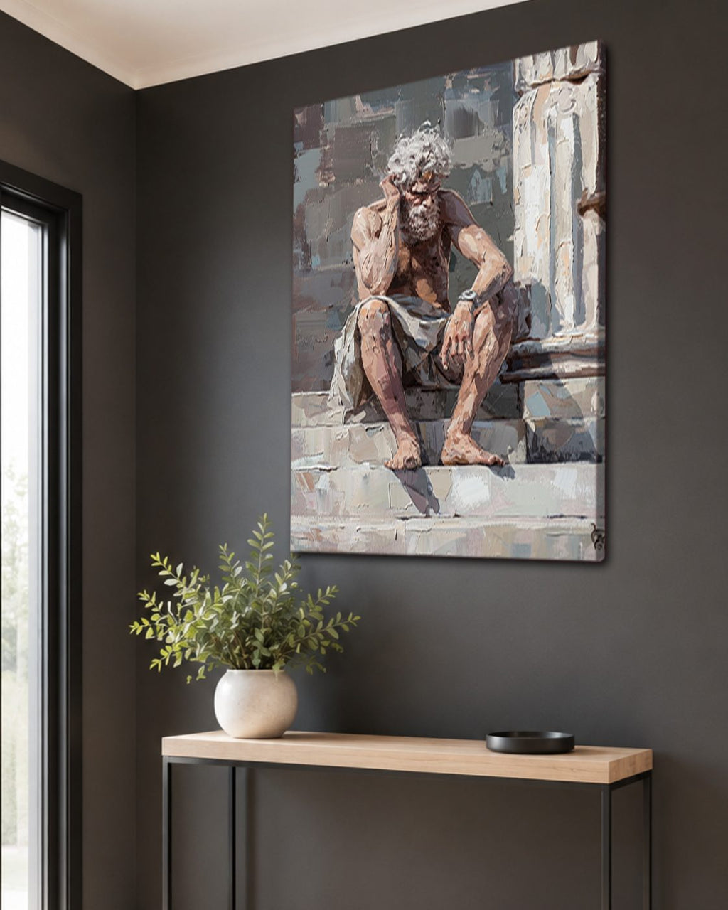 Thinking Old Man on Stairs canvas wall art, unframed canvas