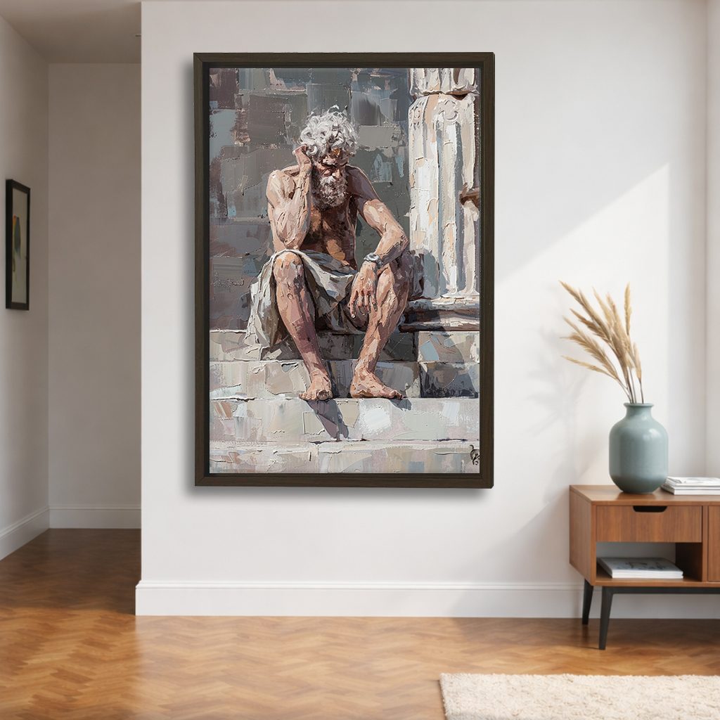 Thinking Old Man on Stairs canvas wall art, walnut floating frame
