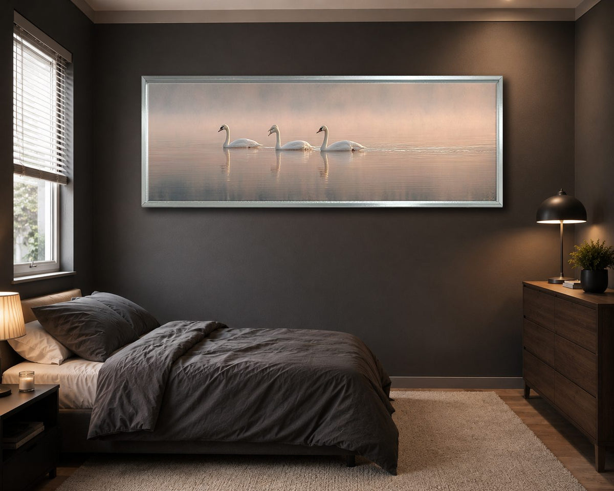Three Swans on Misty Lake canvas wall art, silver floating frame