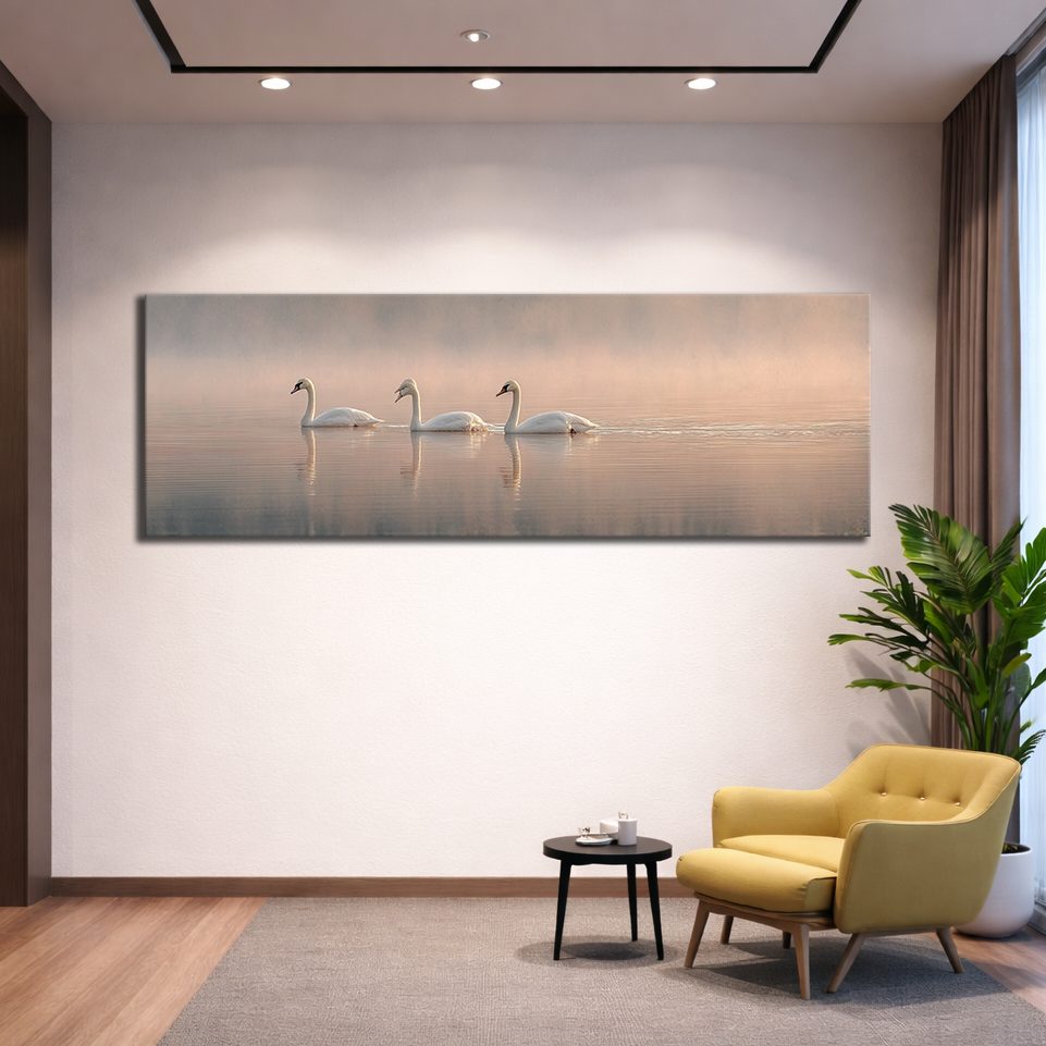 Three Swans on Misty Lake canvas wall art, unframed canvas