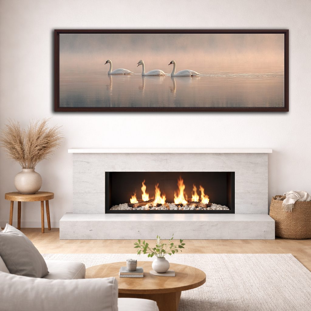 Three Swans on Misty Lake canvas wall art, walnut floating frame