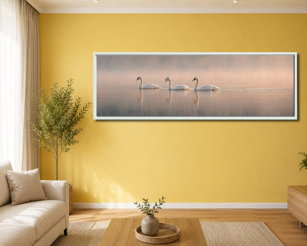Three Swans on Misty Lake canvas wall art, white floating frame