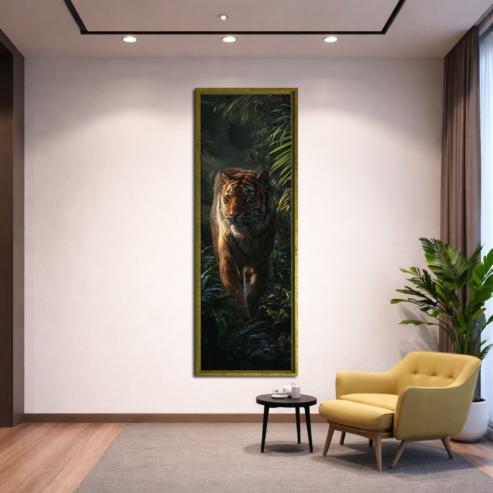 Tiger in the Dark Jungle canvas wall art, gold floating frame