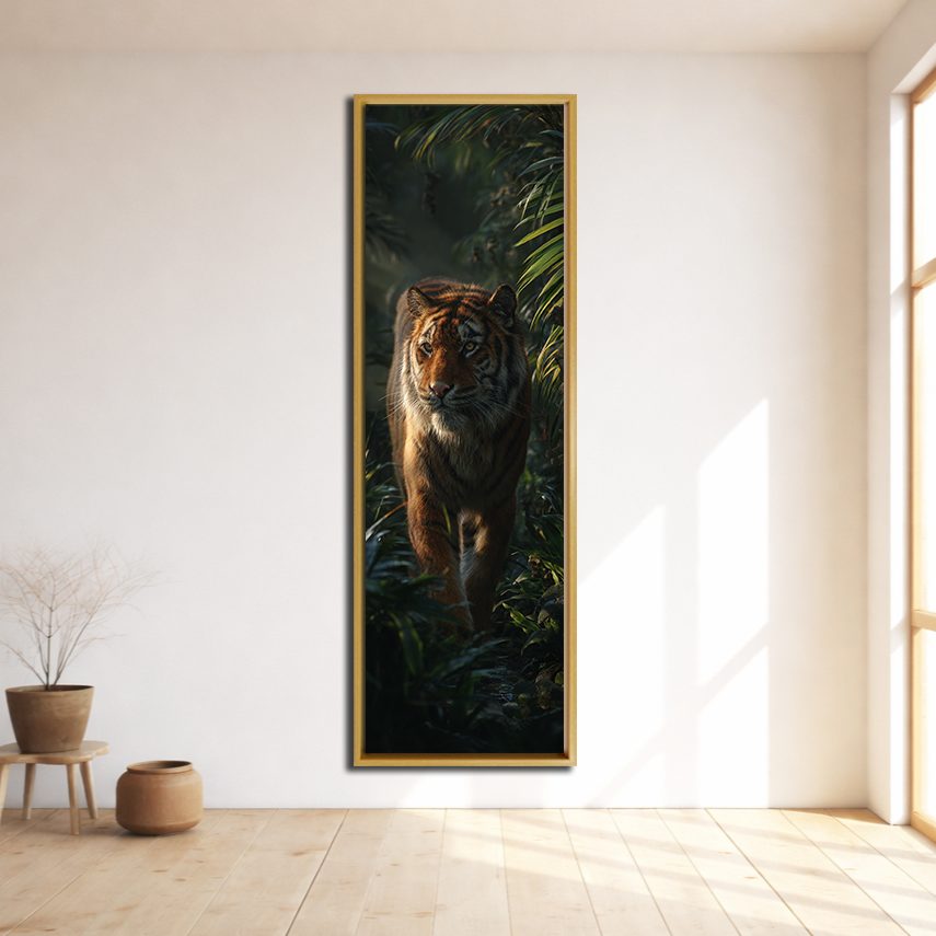 Tiger in the Dark Jungle canvas wall art, natural wood floating frame
